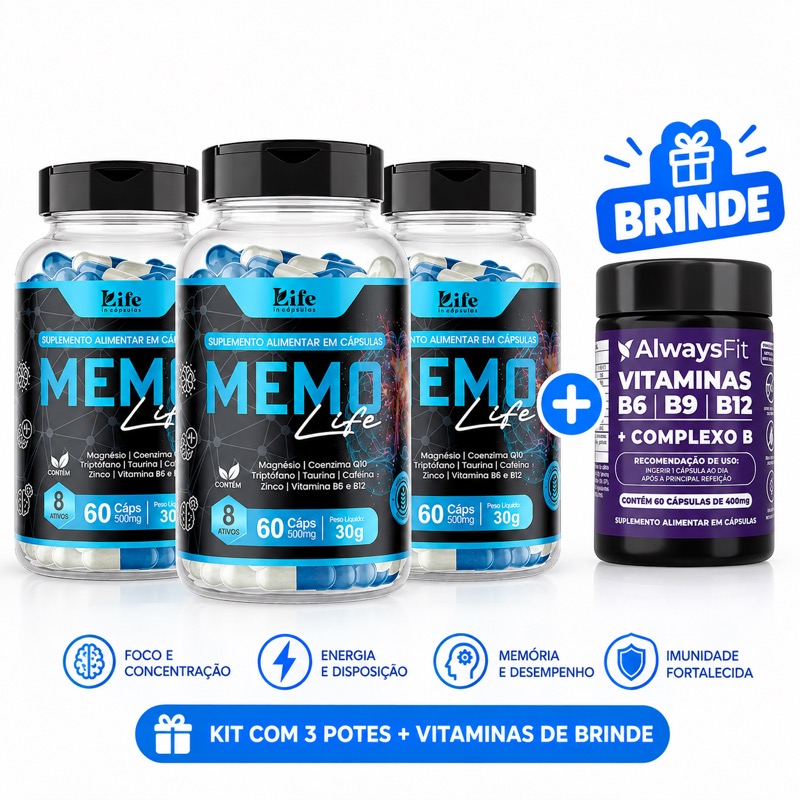 3 potes Memo Life + vitaminas de brinde